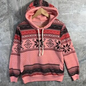 Pink and black patterned hoodie with a cozy feel woman's Size small #loungewear